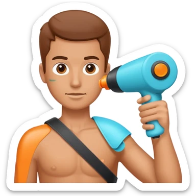 person using a massage gun on their shoulder sticker