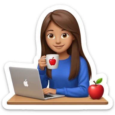 young woman, 20 years old, long straight brown hair, wearing a sweater, drinking coffee and working on a laptop, smiling, 3D Apple emoji style sticker
