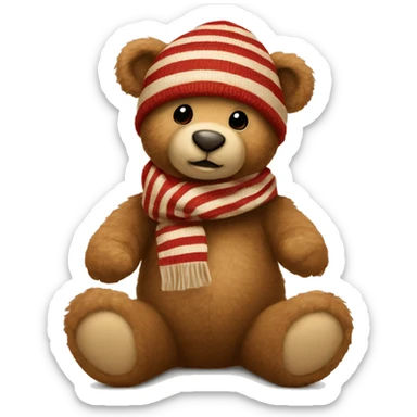 🧸full body teddy bear sitting down with a beige and red striped scarf on with a red beanie on that has a puff. sticker
