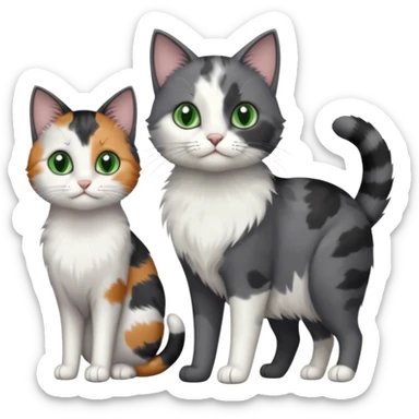 3 different coloured small cats including a dark grey and white, and a patchy calico and a completely solid dark grey with green eyes and only white paws sticker