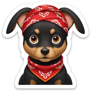 Shadow is a mixed-breed dog, a cross between a Belgian Malinois and a Border Collie. He has a sleek black coat, big upright ears, and bright, intelligent eyes. He wears a red bandana around his neck, which gives him a strong and distinctive look. sticker