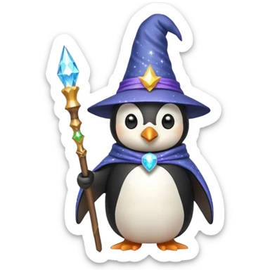 penguin wizard holding a staff wearing a pointed hat magical sparkles sticker
