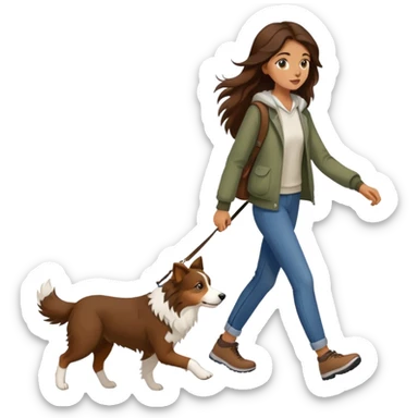 A beautiful girl with long brown hair walks a Border Collie sticker