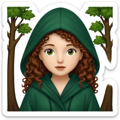 A white woman, a little thicker, with long dark auburn hair robed and hooded like she's a Traitor in the tv show The Traitors. her hair is mostly curly (kinda frizzy, not clean curls) and the robe is a dark dark forest green green sticker
