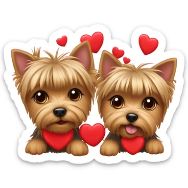 Boy and girl Yorkshire terriers holding hearts sticker