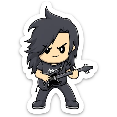 A metalhead with long flowing black hair, wearing a black heavy metal t-shirt, smirking confidently sticker