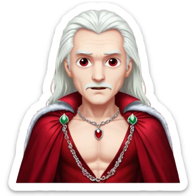 Dracula with long white hair, dark red sequin baggy pants, shirtless with necklace, dark red sequin cape sticker