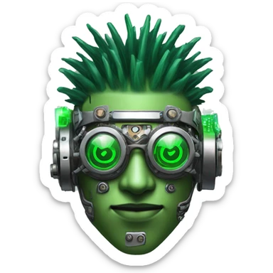 Green male cyborg head with green Mohawk, grey steampunk goggles and circuitry sticker