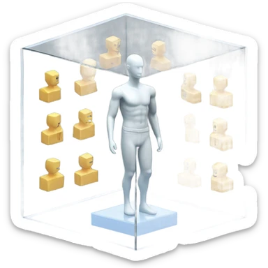 male mannequin abs cubes inside a glass cube on a stand isometric view sticker