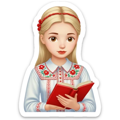 A Ukrainian girl in an embroidered shirt reads a red book sticker