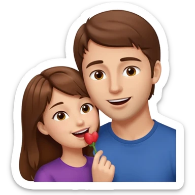 There is a girl with brown hair standing next to her, a tall man with brown hair, and the girl passionately licks his cheek sticker