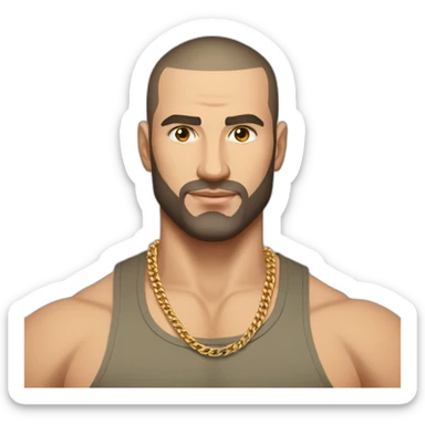 Russian muscular man aged 26 wearing gold chain with black buzz cut hair and short beard sticker
