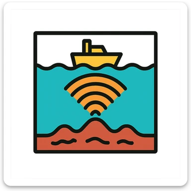 Hydroacoustic map showing radio waves from a ship on the water surface scanning down to the seabed sticker