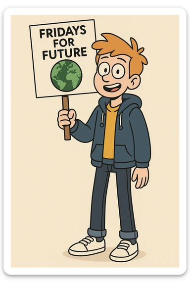  Fridays for Future a boy Yellow Orange hair shirts blue jackets hoodie dark blue jeans white shoe  sticker