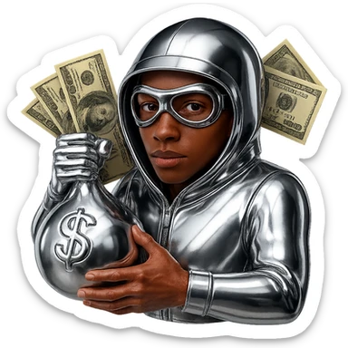 Make the character skinnier and less bulky with a slimmer build. Remove the question mark from the money bag, leaving only the dollar sign. Make the character look younger with smoother skin and more youthful facial features. Keep the realistic dollar bills and the chrome suit style. Preserve the natural skin color for the face and hands, not chrome. sticker