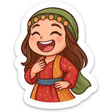 Cartoon sticker of a Kurdish woman in traditional Kurdish female clothing, colorful and cheerful, face with loud laughter and big smile, no text, suitable for WhatsApp and Instagram, transparent background. sticker
