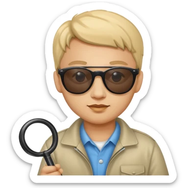 A blind person wearing sunglasses and holding a guide cane sticker