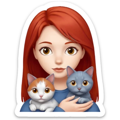 White skin girl, red hair, brown eyes holding one Russian Blue cats sticker