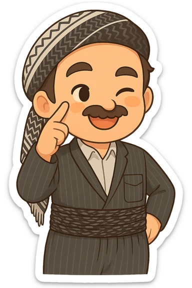 Cartoon sticker of a Kurdish man with the same clothes and scarf as the reference image, no changes to clothes or scarf. Face with a winking eye and smile expression similar to the 😉 emoji. Hand next to the face with the index finger near the eye. Colorful and cheerful, no shadows or color halos around the image, no text, fully transparent background, suitable for WhatsApp and Instagram. sticker
