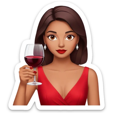 a woman in a bright red dress, with makeup, a confident gaze, and a glass of red wine. sticker