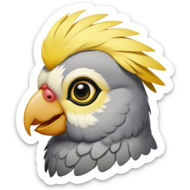 Cinematic Noble Cockatiel Portrait Emoji, Poised and regal, with a slender, delicate build and a beautifully groomed grey fur accented by vibrant yellow cheek patches and a graceful crest, deep-set soulful dark eyes, Simplified yet sharp and sophisticated features, highly detailed, glowing with a soft, dignified glow, high shine, intelligent and charming, stylized with an air of elegance, focused and attentive, soft glowing outline, capturing the essence of a watchful and confident avian companion, so majestic it feels as though it could flutter out of the screen with effortless authority! sticker