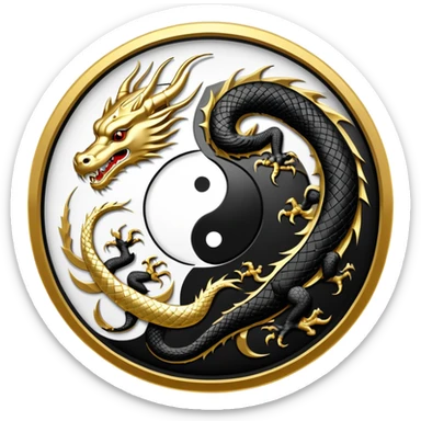 An icon symbolizing Eastern martial arts in the style of an emblem, featuring a black-and-white Yin-Yang symbol and a dragon at the center, surrounded by elements like a dojo. Transparent background highlights balance and power. sticker