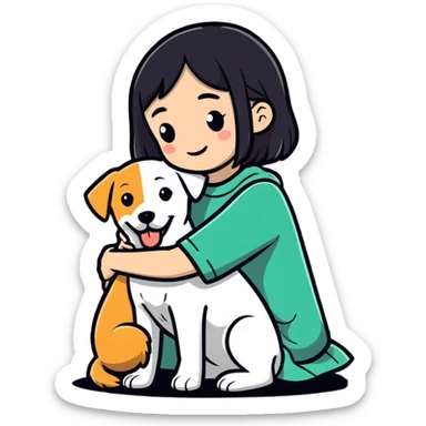 Sad girl hugging a dog sticker