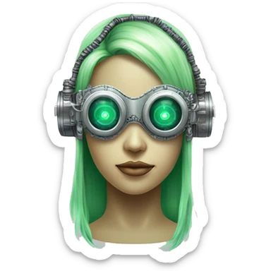 Light green long hair female cyborg head with silver steampunk headband goggles, circuits sticker