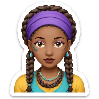 big lose braids starting from the top of the head woman face wiith big visible braids and mono color headband on head  face and braids as big as headband and lots and lots of face tattoos colored tattoos like a tattoo artist hair unique color sticker