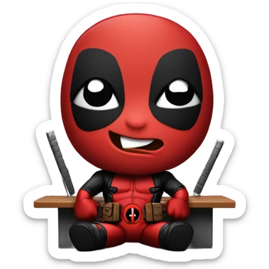 Cute Deadpool sitting at a desk, front view sticker