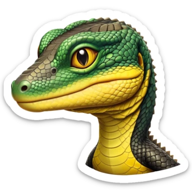 cinematic-realistic-cute-monitor-lizard-portrait-emoji,-head-tilted-playfully-and-inquisitively,-featuring-a-compact,-agile-body-with-finely-detailed,-glossy-scales-in-earthy-black and yellow-hues-and-a-distinct,-alert-face-with-bright,-curious-eyes, black , yellow spotted and green band  scales and a slender neck sticker