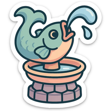 cute small fish-shaped fountain with water stream flowing from its mouth, eastern style, detailed drawing with shadows and highlights, thin clean outlines, soft rounded shapes, pastel palette #98B5BC, #B5B3C1, #C9A3C9, #E4C0CA, #F7DCD1, #F7C0AA, modern Japanese pop art and sticker aesthetics, soft lighting, transparent background sticker