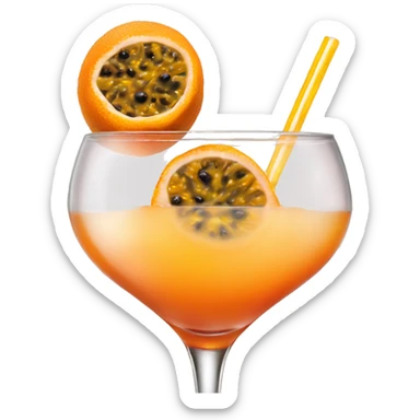 orange drink in a triangle cocktail glass with half of passion fruit on top sticker