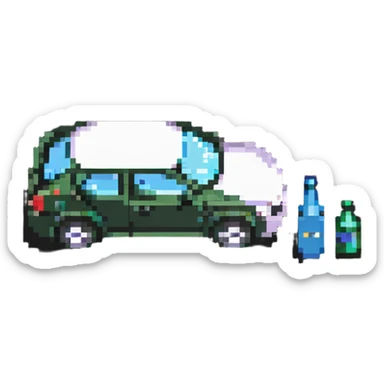 pixel art of a car swerving with a bottle nearby, representing drunk driving sticker