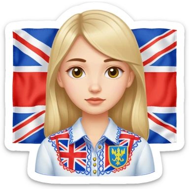 Ukrainian girl in an embroidered shirt against the background of the British flag sticker