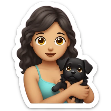 very chubby fair girl with extra wavy black hairs holding dog in her arms sticker