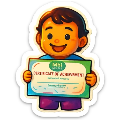 Create a simple and cheerful emoji of a smiling child holding a certificate, with a transparent background, in a retro stickers emoji style. sticker