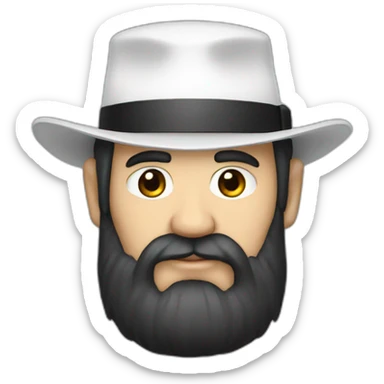 older man with black hair and black beard, with a white hat and one white eye sticker