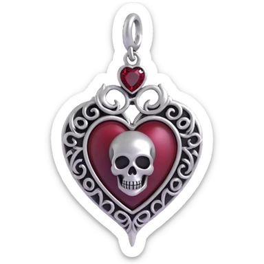 gothic heart, black satin, silver skull charm, deep red gemstone, dramatic and ornate sticker