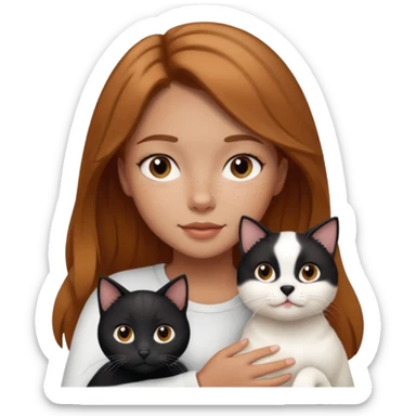 Girl with light brown hair, a few miles on her face, holding a white dog and a black cat  sticker