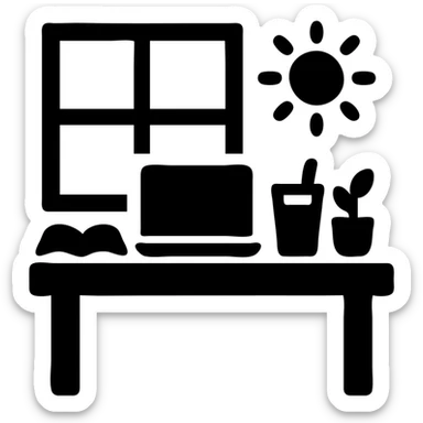 A desk by the window with summer sunshine in the background. On the desk, there is a laptop, a cup of iced coffee, and a small plant. An opened book is also present. sticker
