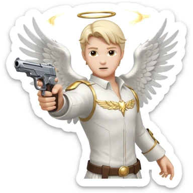 male Angel dual-wielding pistols, shooting, dynamic action pose, glowing wings, no background














 sticker