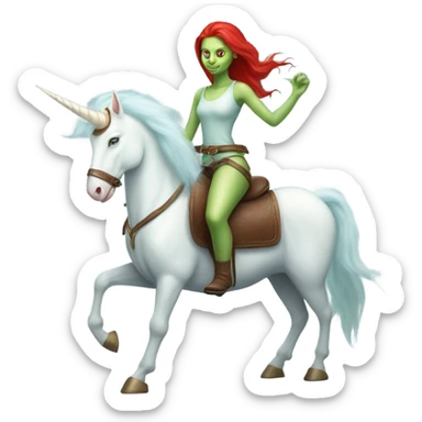 [politically incorrect
	{ woman: alien, color: light green, hair:red, eyes:cat} ]
	on a 
	[{ unicorn: white, legged:four, mane: light blue }] sticker