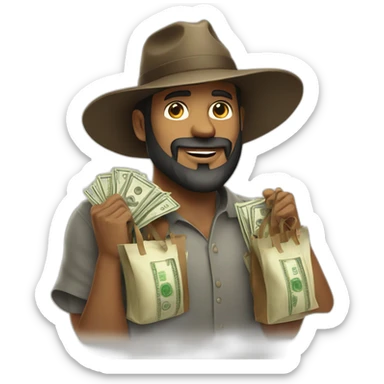 Man in beard and wide brim hat holding bags of money sticker