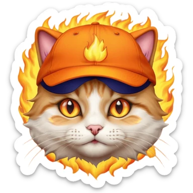 Cat with the flames in his eyes with a orange baseball hat on his head sticker