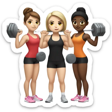 Three white girls with brown hair or black hair doing Olympic weightlifting with a barbell sticker