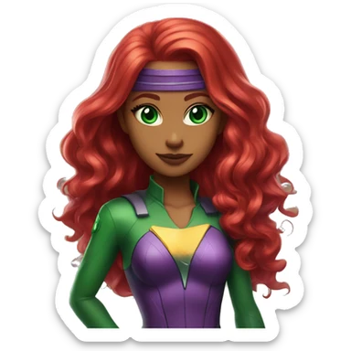 dc comics starfire firey red hair; purple and silver outfit;  emerald green eyes sticker