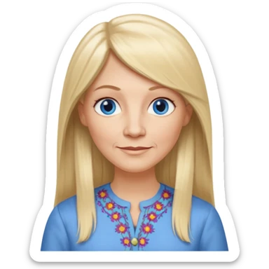 50 yr old white woman, hippie part bangs, very long straight blond hair, oval face, small smile, blue eyes, thin face, hair downback, hair parted at center of head, round cheeks, pale, longer hair, dress shirt sticker