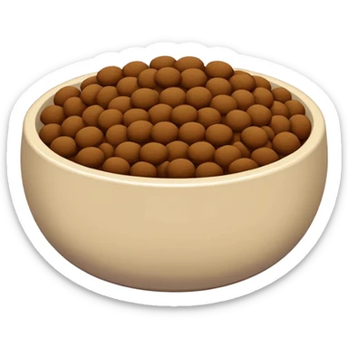 A bowl of deep brown flat rounded kibbles sticker