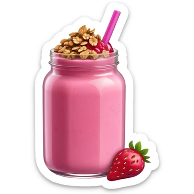 Transparent jar of strawberry smoothie topped with granola, minimal background sticker